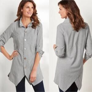 Soft Surroundings Sasha Striped Tunic‎ Shirt Women XS Gray White Coastal